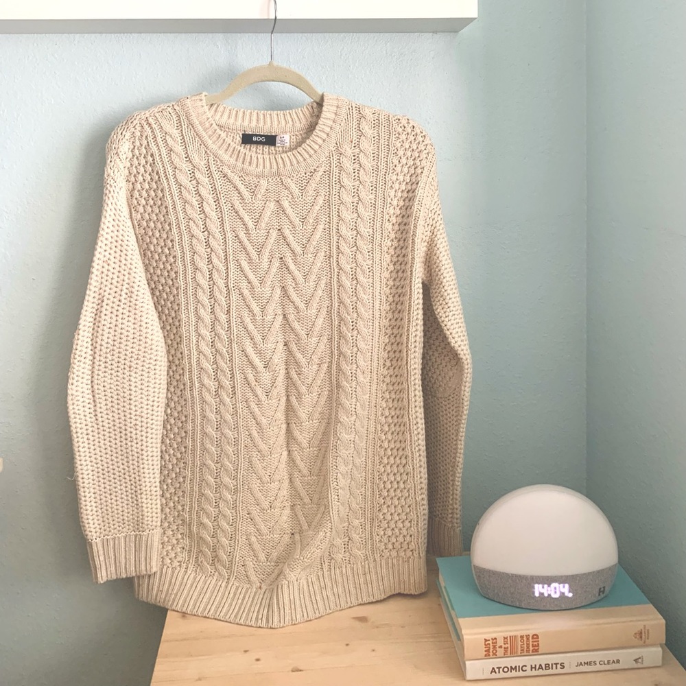 BDG Cream Cable Knit Sweater with elbow patch detailing